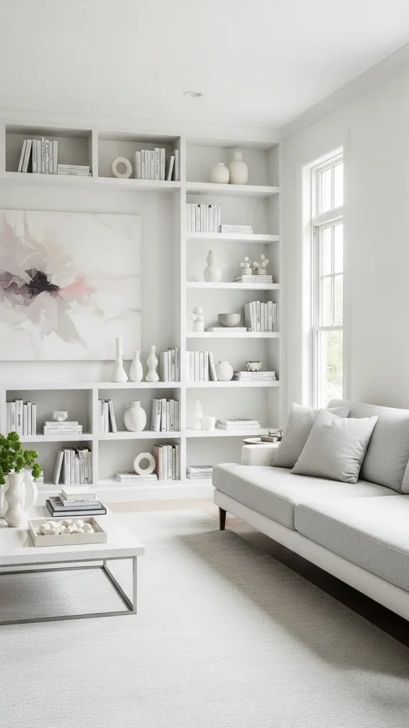 White Living Room with Built-in Shelves