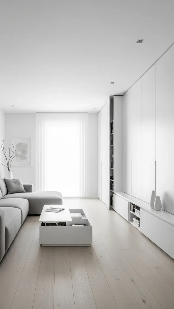 White Living Room with Hidden Storage