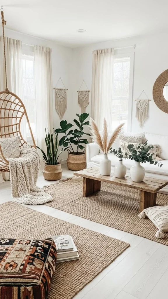 White Living Room with Boho Touch