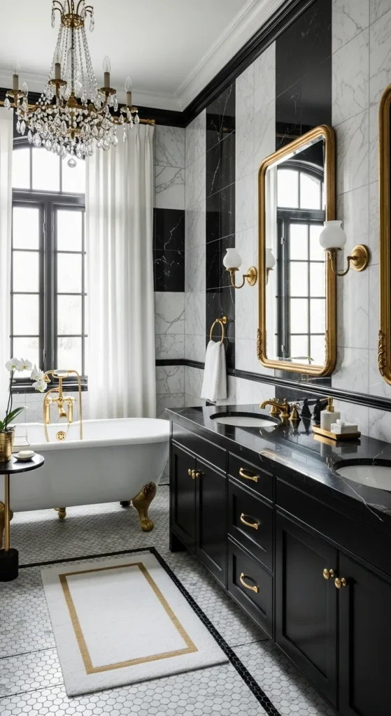 Black and White Bathroom with Gold Accents