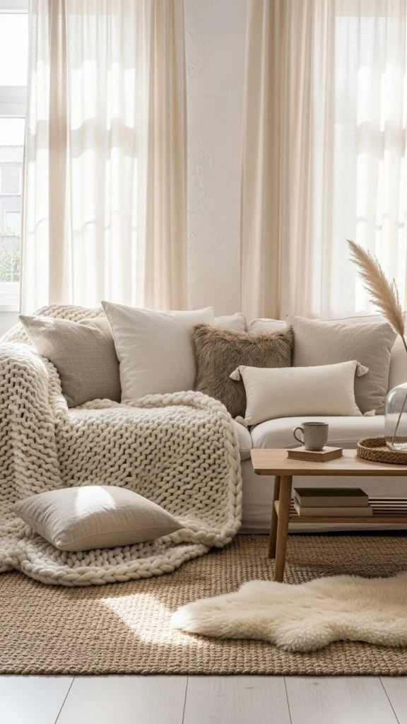 Cozy White Living Room with Layered Textures