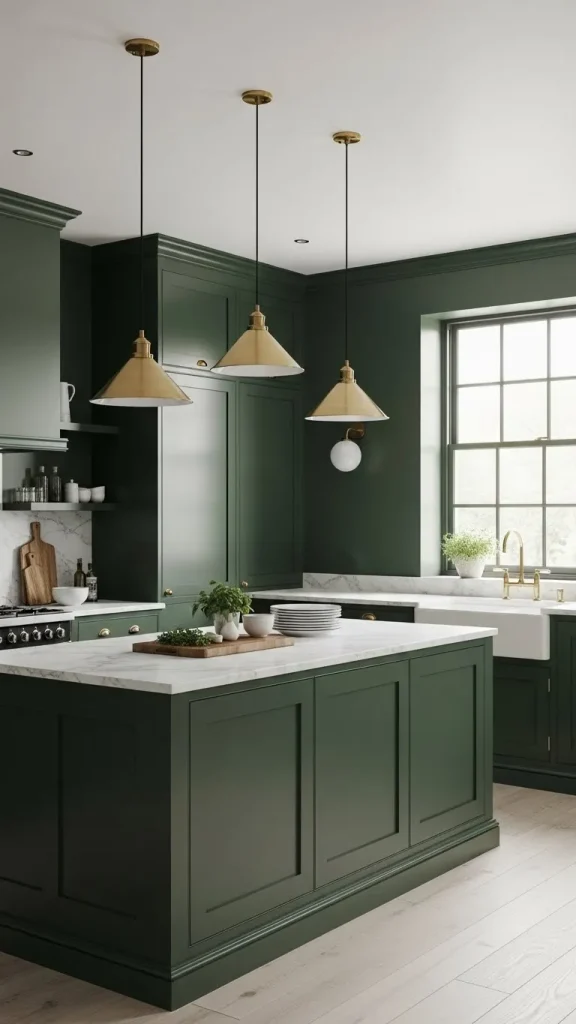 Green Kitchen with Brass Lighting