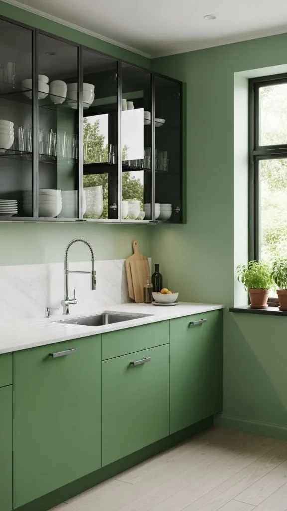 Green Kitchen with Glass Cabinets