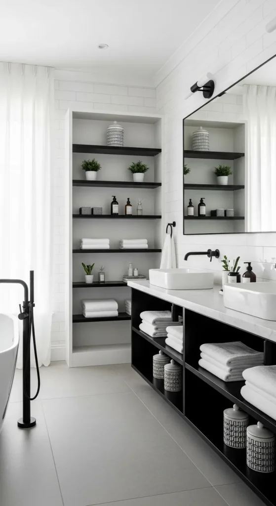 White Bathroom with Black Storage