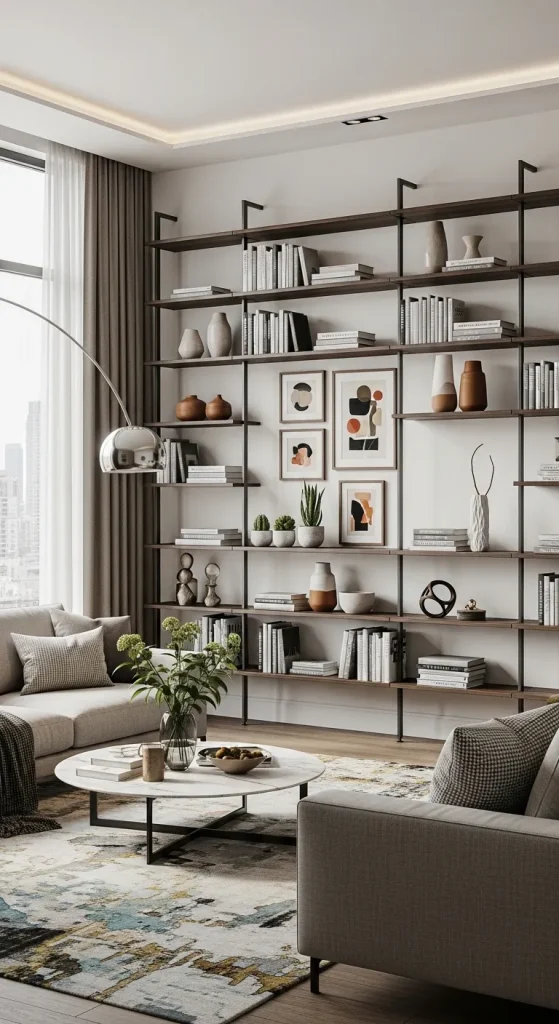 Contemporary Living Room with Open Shelving