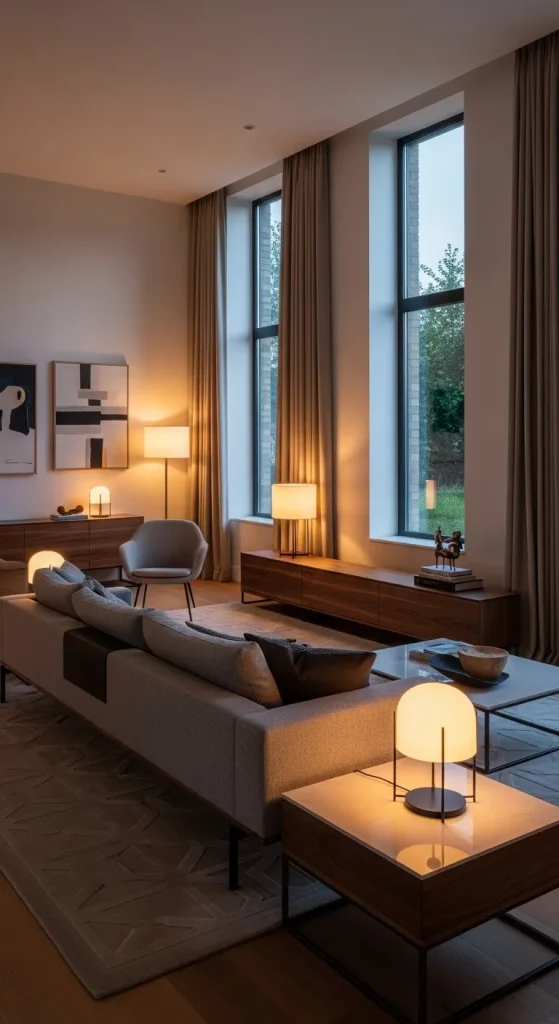 Contemporary Living Room with Warm Wood Accents
