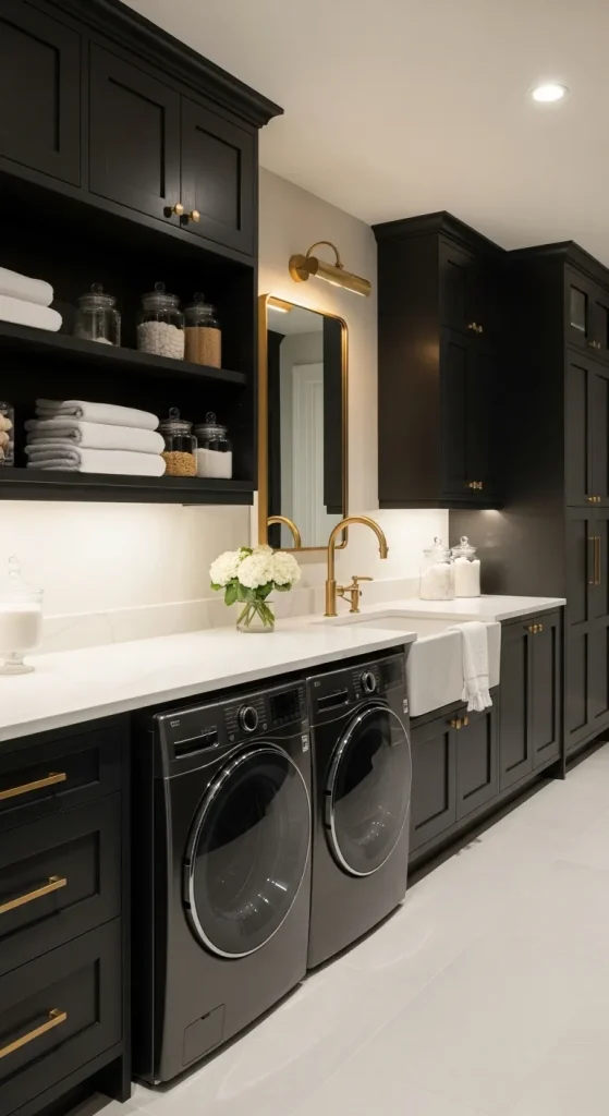 High-Contrast Dark Cabinet Laundry Room