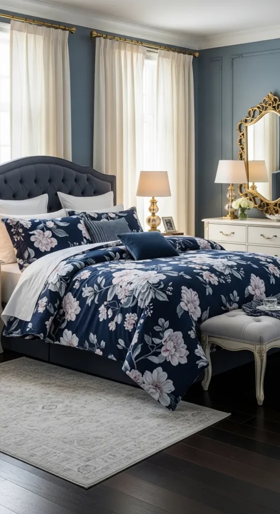 Navy Blue Floral Bedding