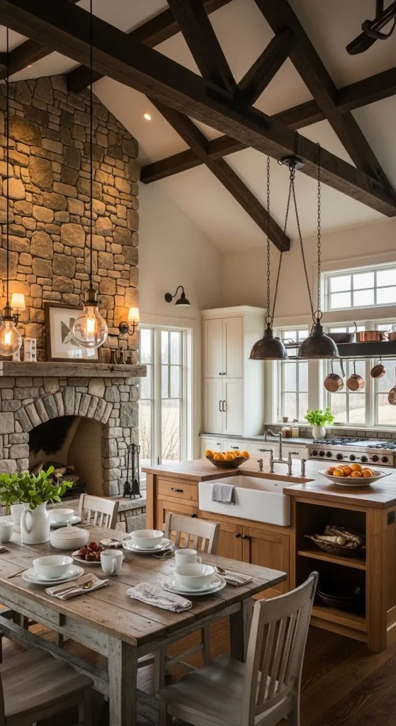 Stone Fireplace in Kitchen