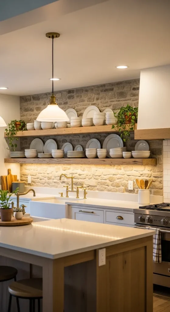 Stone Wall with Open Shelving