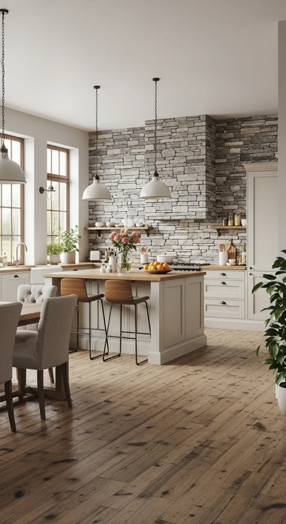 Textured Stone with Warm Wood Flooring