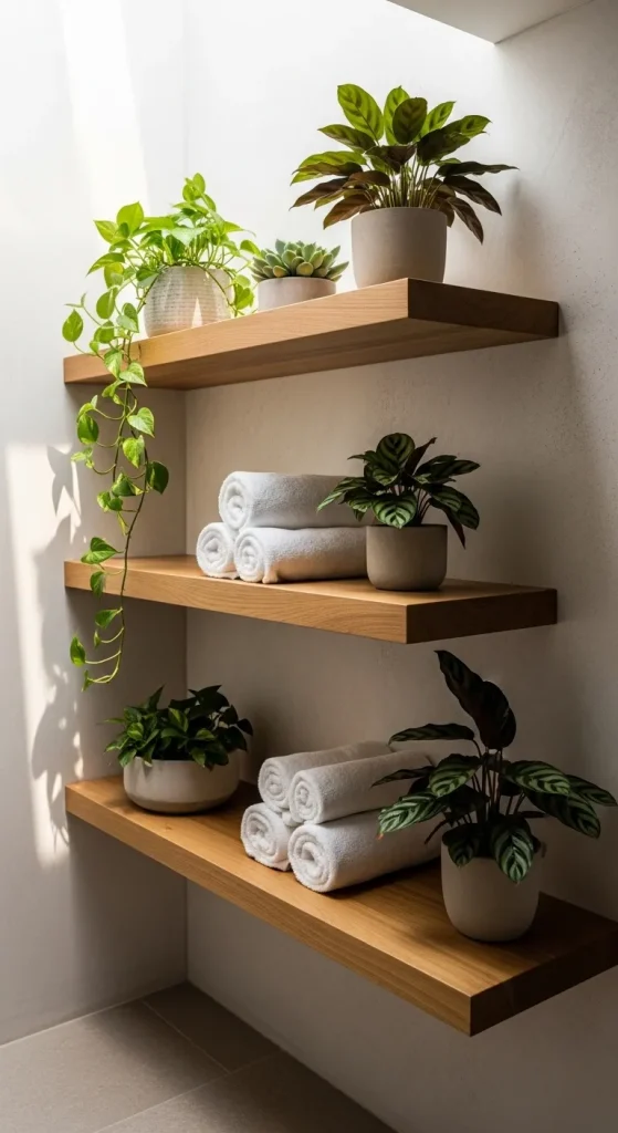 Wooden Floating Shelves with Plants