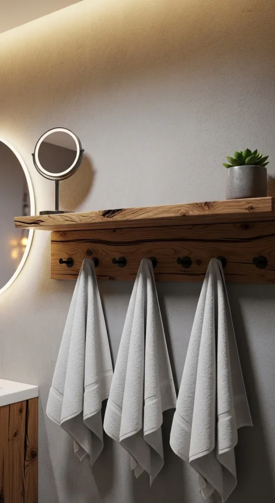 Wooden Shelf with Towel Hooks Underneath