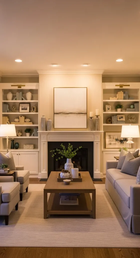 Family Room with Built-In Shelving