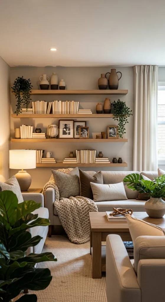 Family Room with Open Shelving Decor