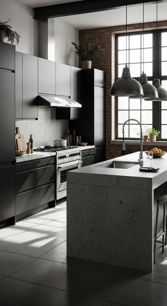 Black Cabinets with Concrete Countertops