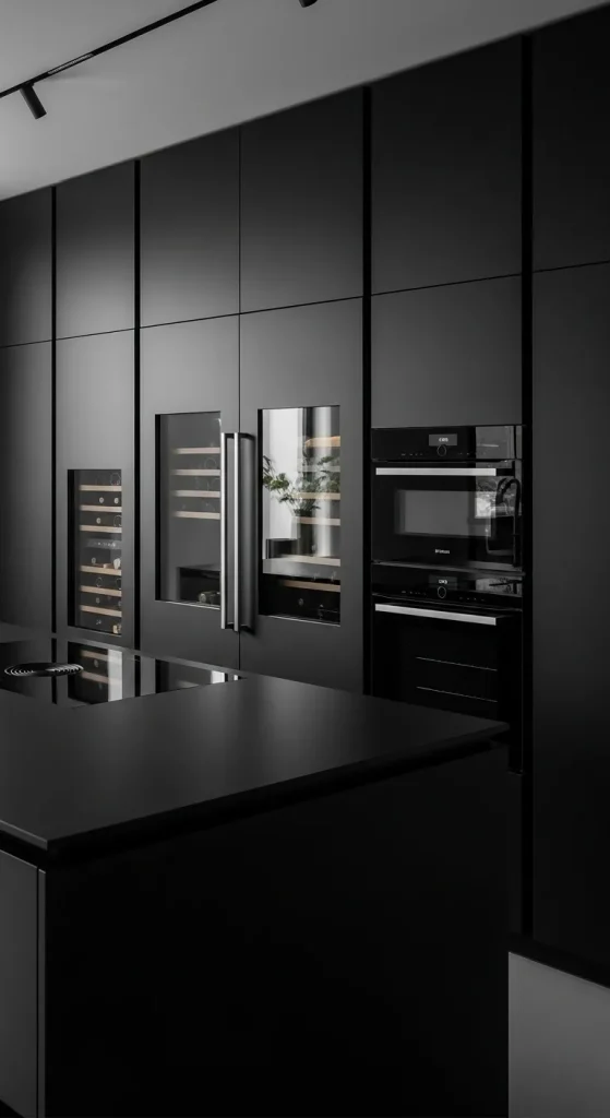 Black Cabinets with Integrated Appliances