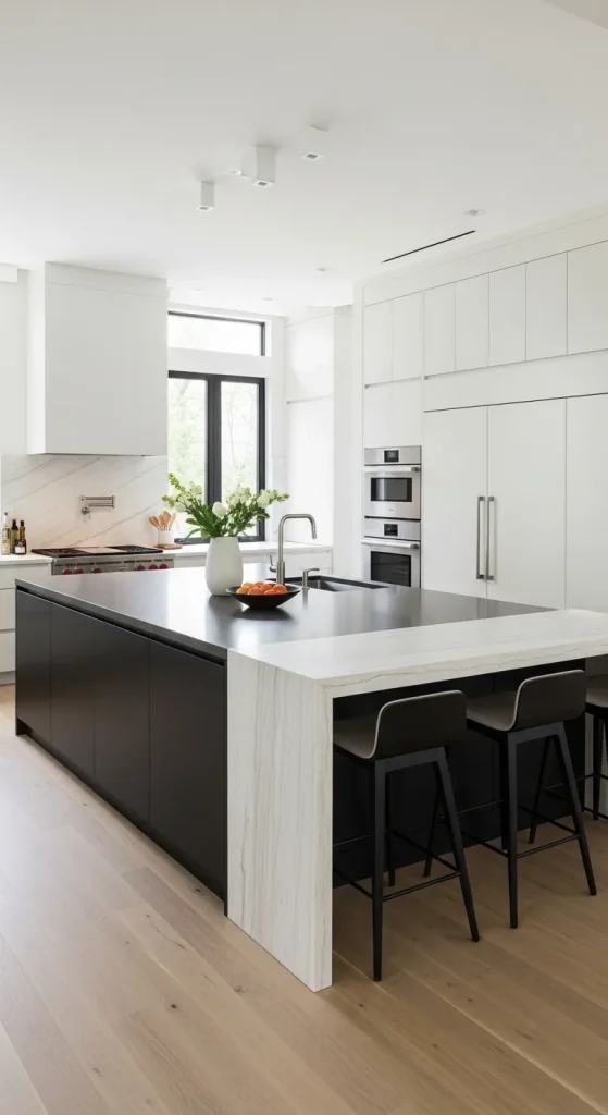 Black Cabinets with Large Kitchen Island