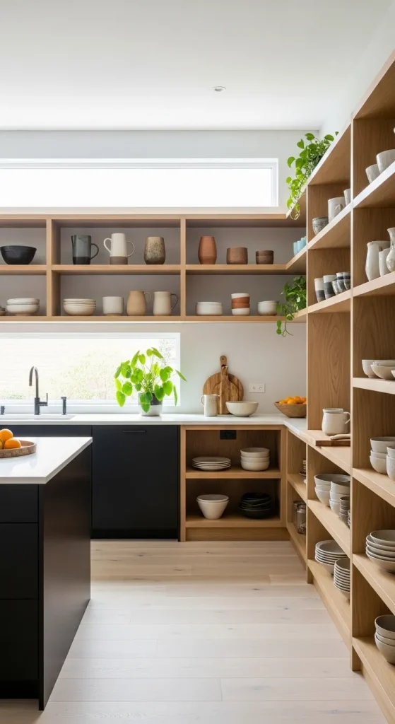 Black Cabinets with Open Shelving