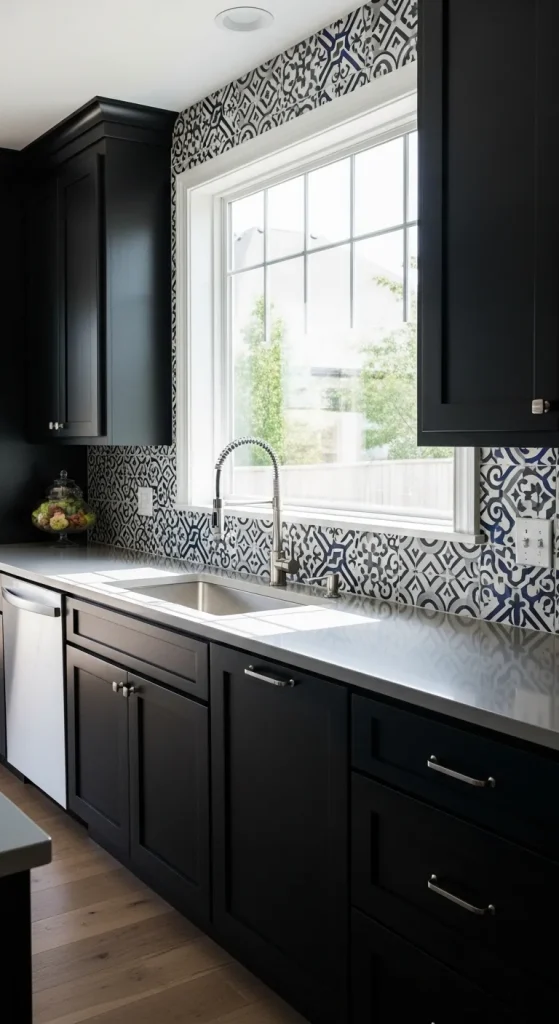 Black Cabinets with Patterned Tiles