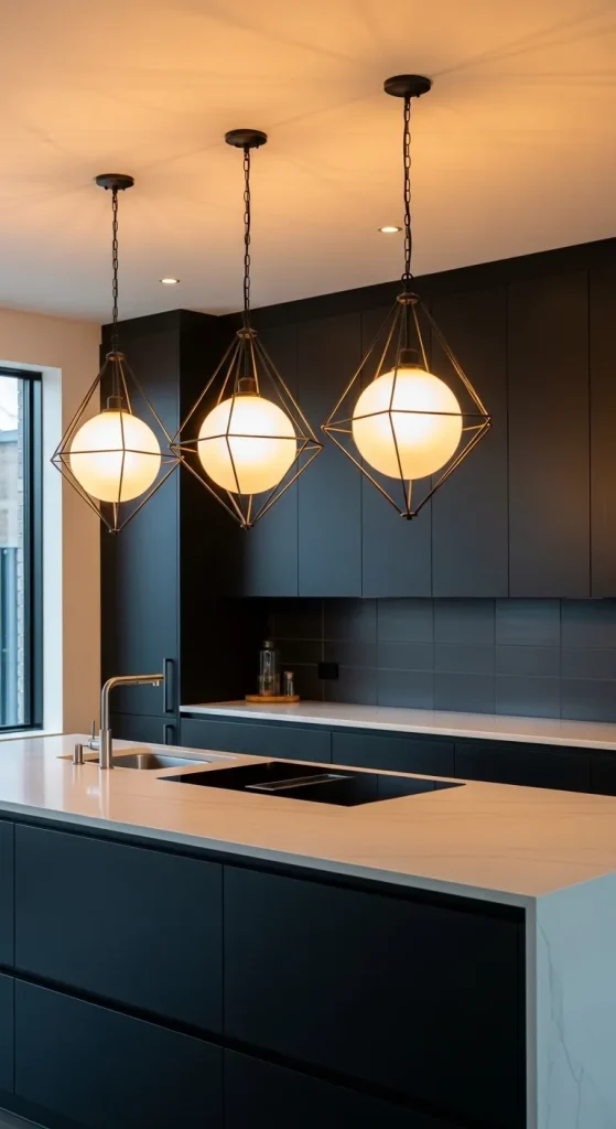 Black Cabinets with Statement Lighting