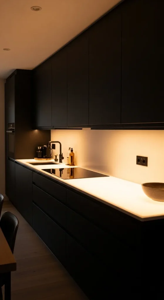 Black Cabinets with Under-Cabinet Lighting