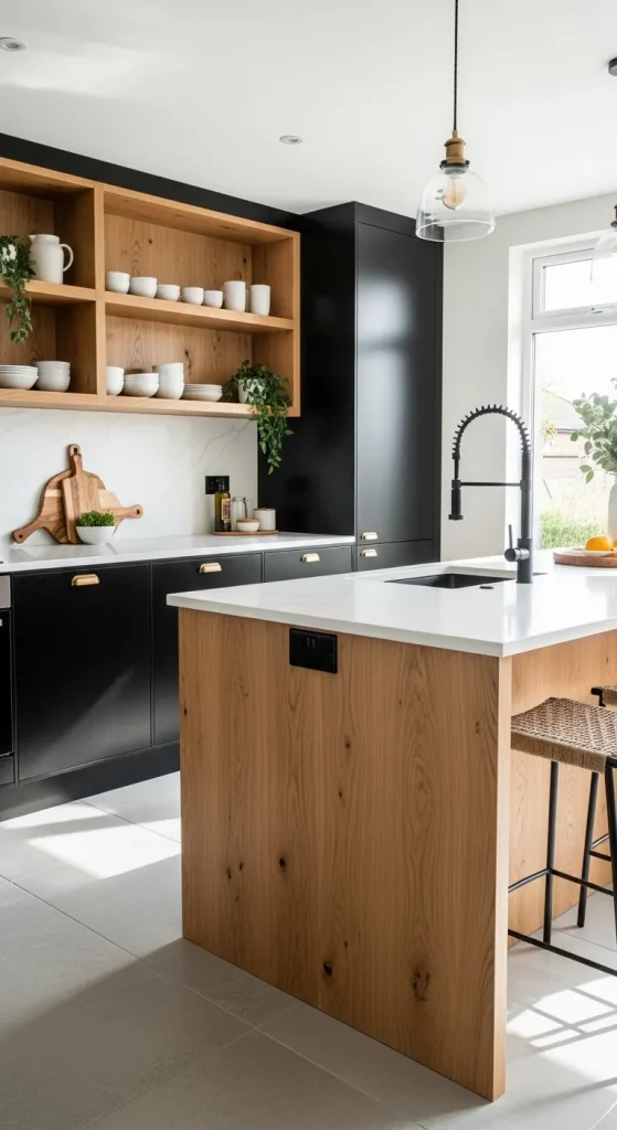 Black Cabinets with Warm Wood Accents