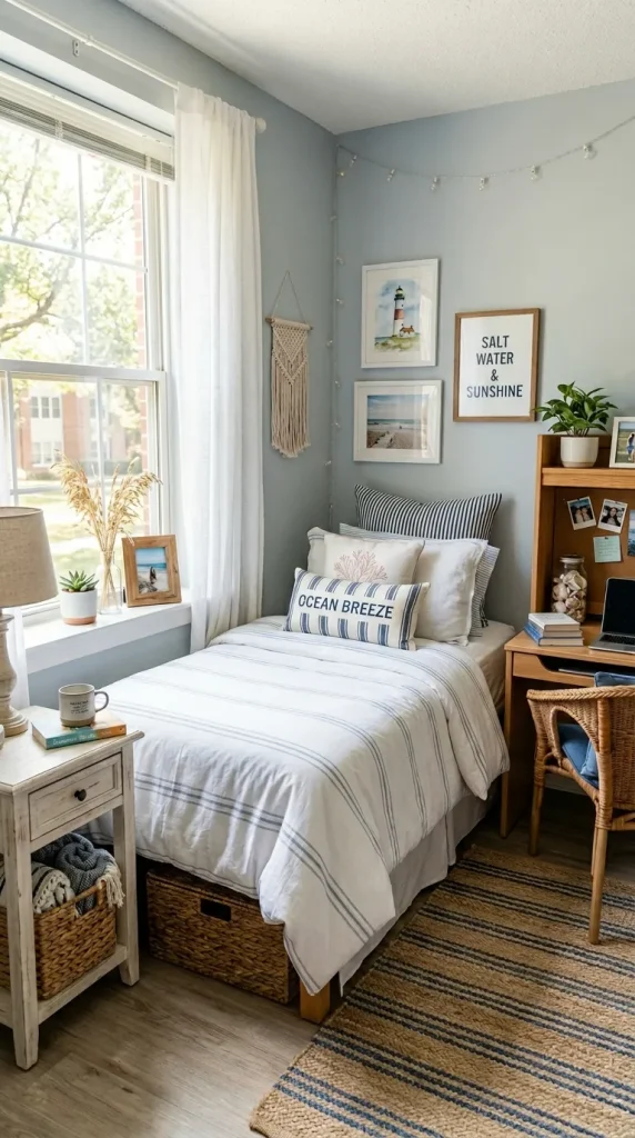 Blue and White Coastal-Inspired Dorm Bedding