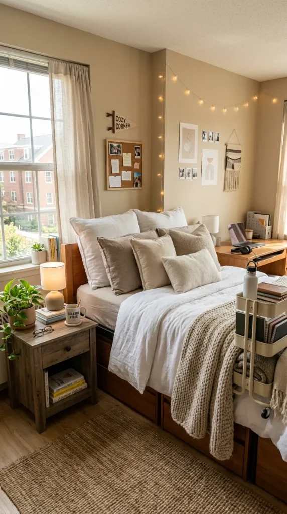 Layered Neutral Bedding for a Calm and Sophisticated Dorm