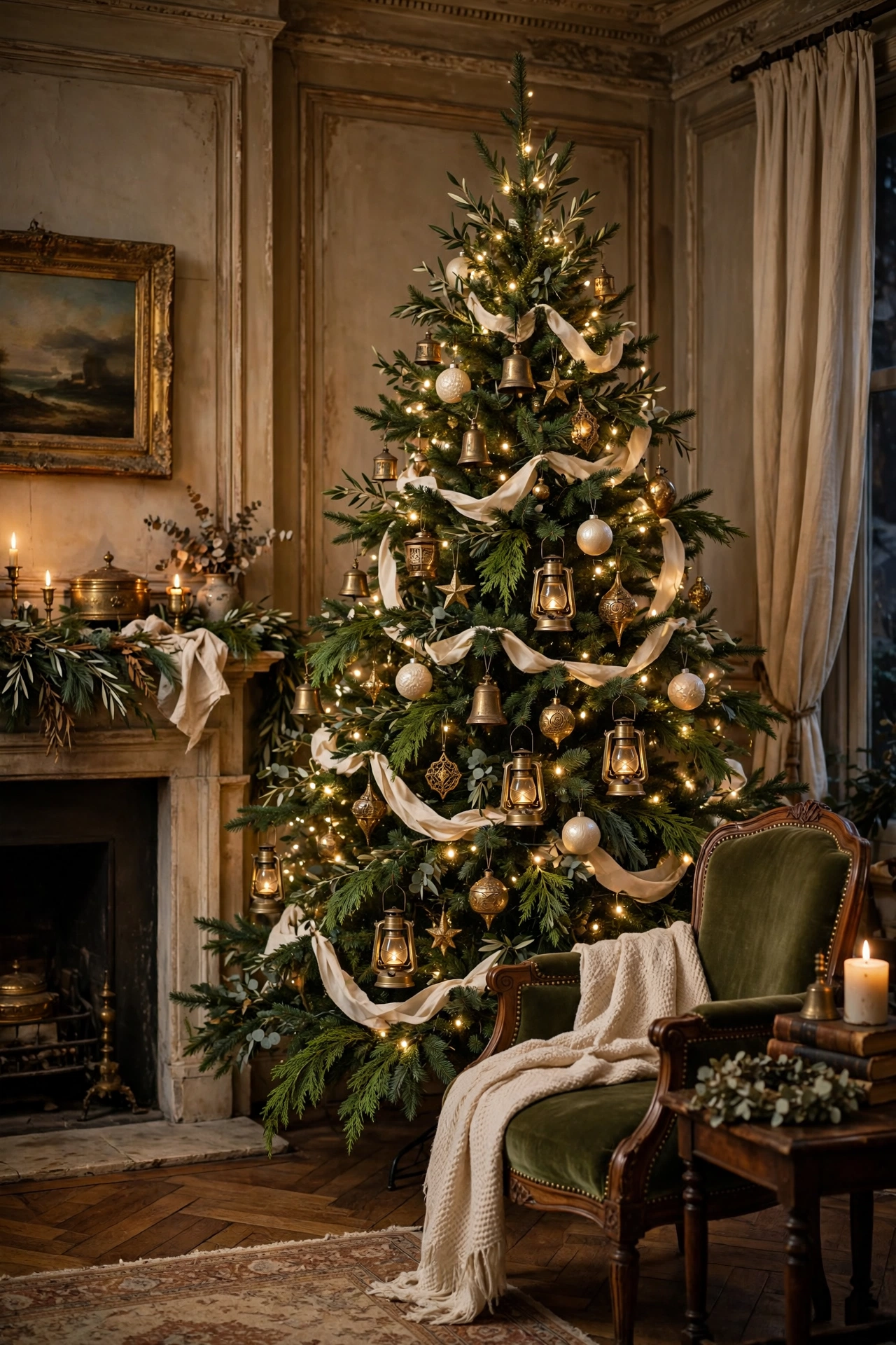 Antique brass and candle glow vintage Christmas tree