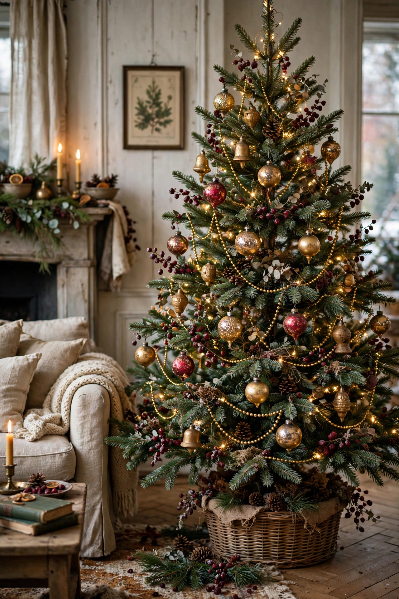 Antique gold and cranberry vintage Christmas tree