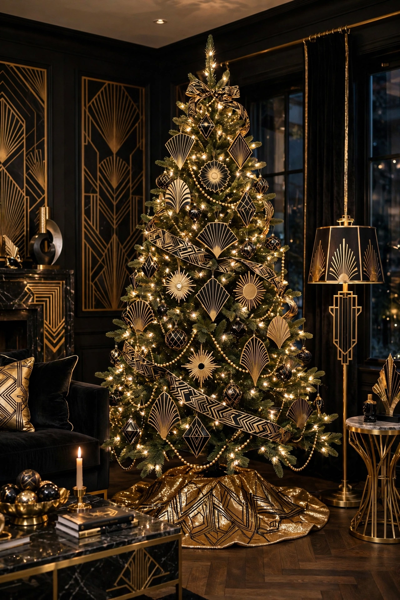 Art Deco gold and black Christmas tree with geometric ornaments