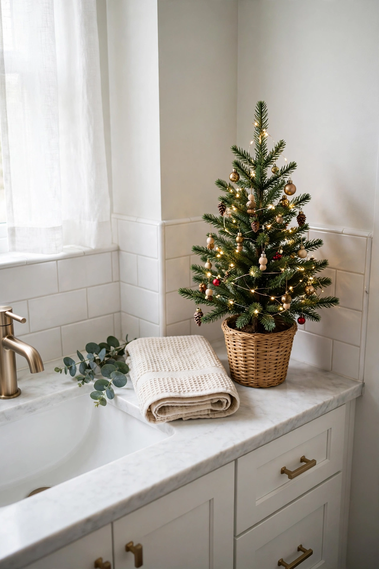 Bathroom counter tiny Christmas tree in a small bathroom
