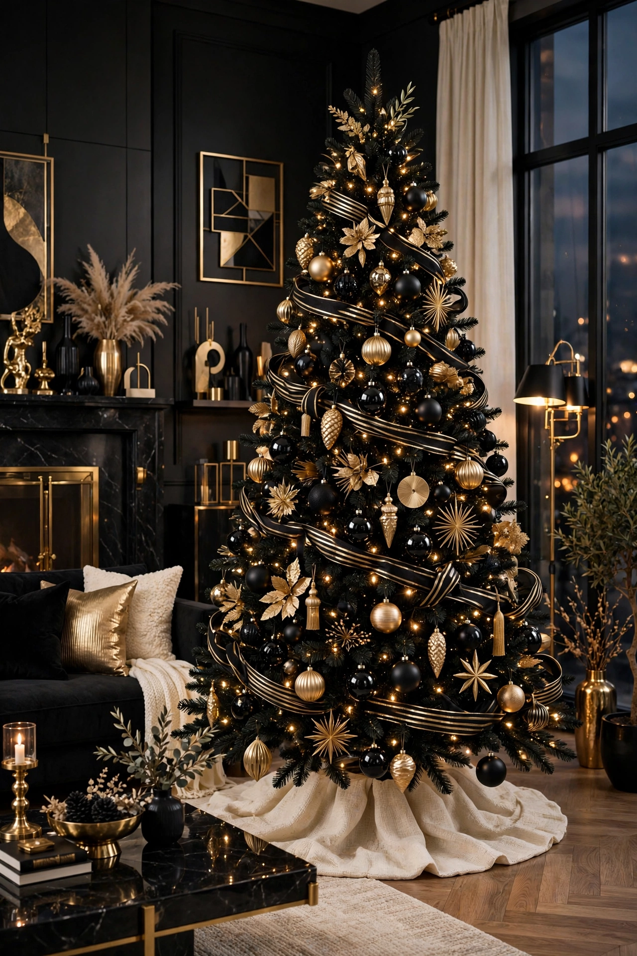 Black and gold Christmas tree with dramatic ornaments