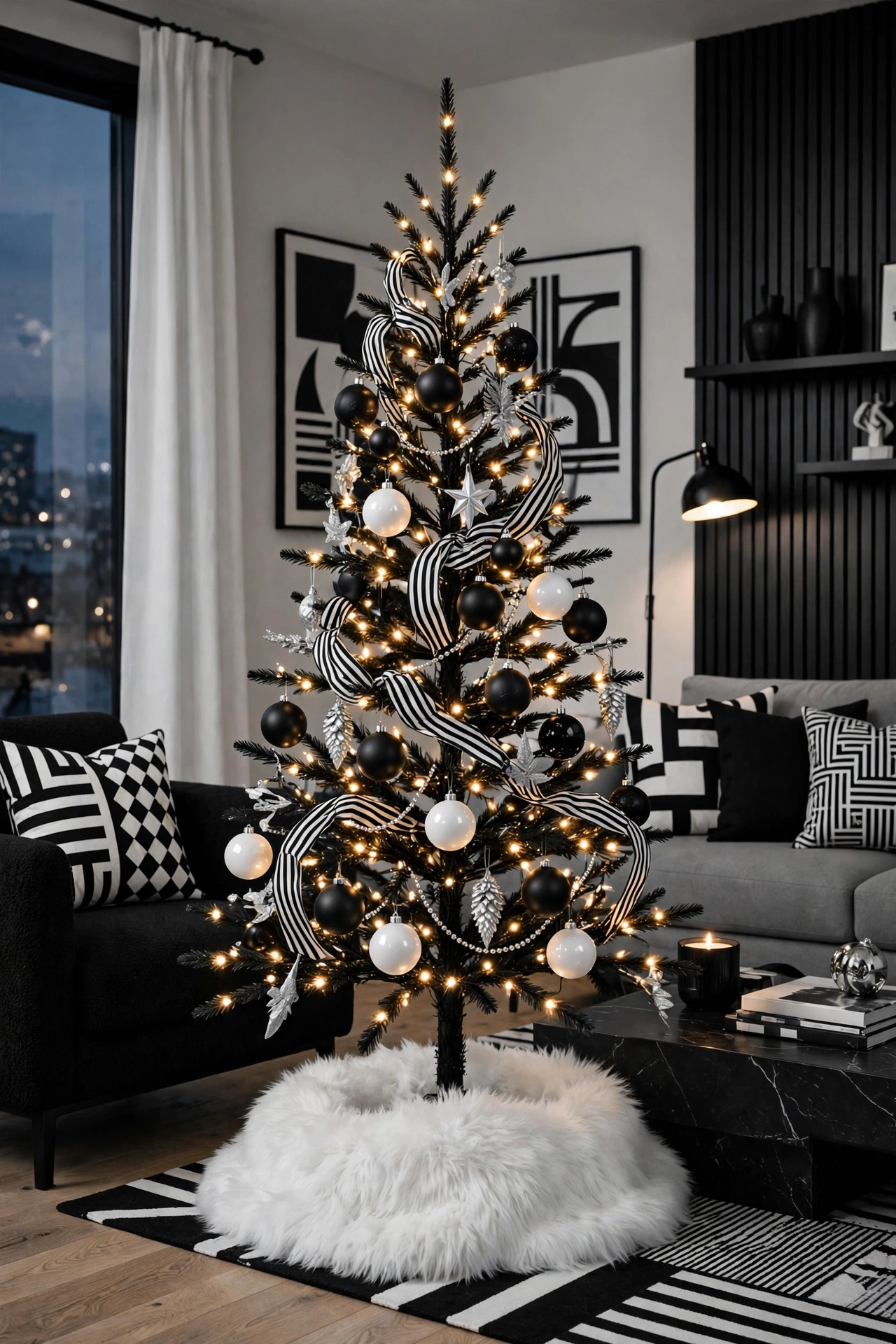 Black and white modern Christmas tree with elegant monochrome ornaments