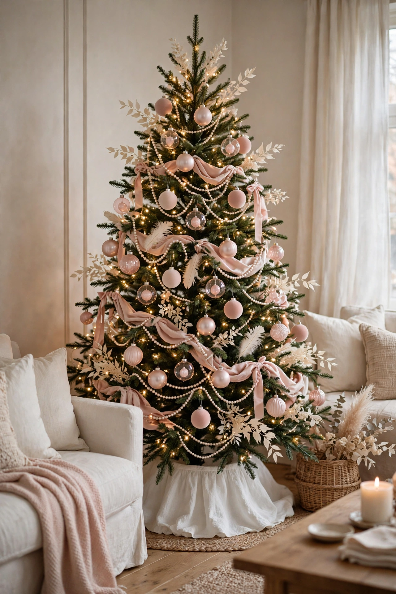 Blush and pearl Christmas tree with romantic ornaments