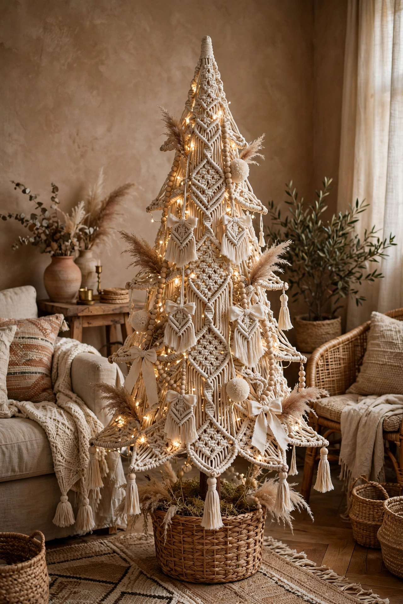 Boho macrame Christmas tree with neutral textures