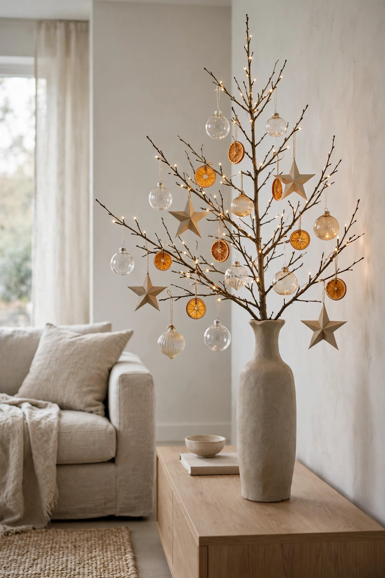 Branch Christmas tree in a tall vase for tiny spaces