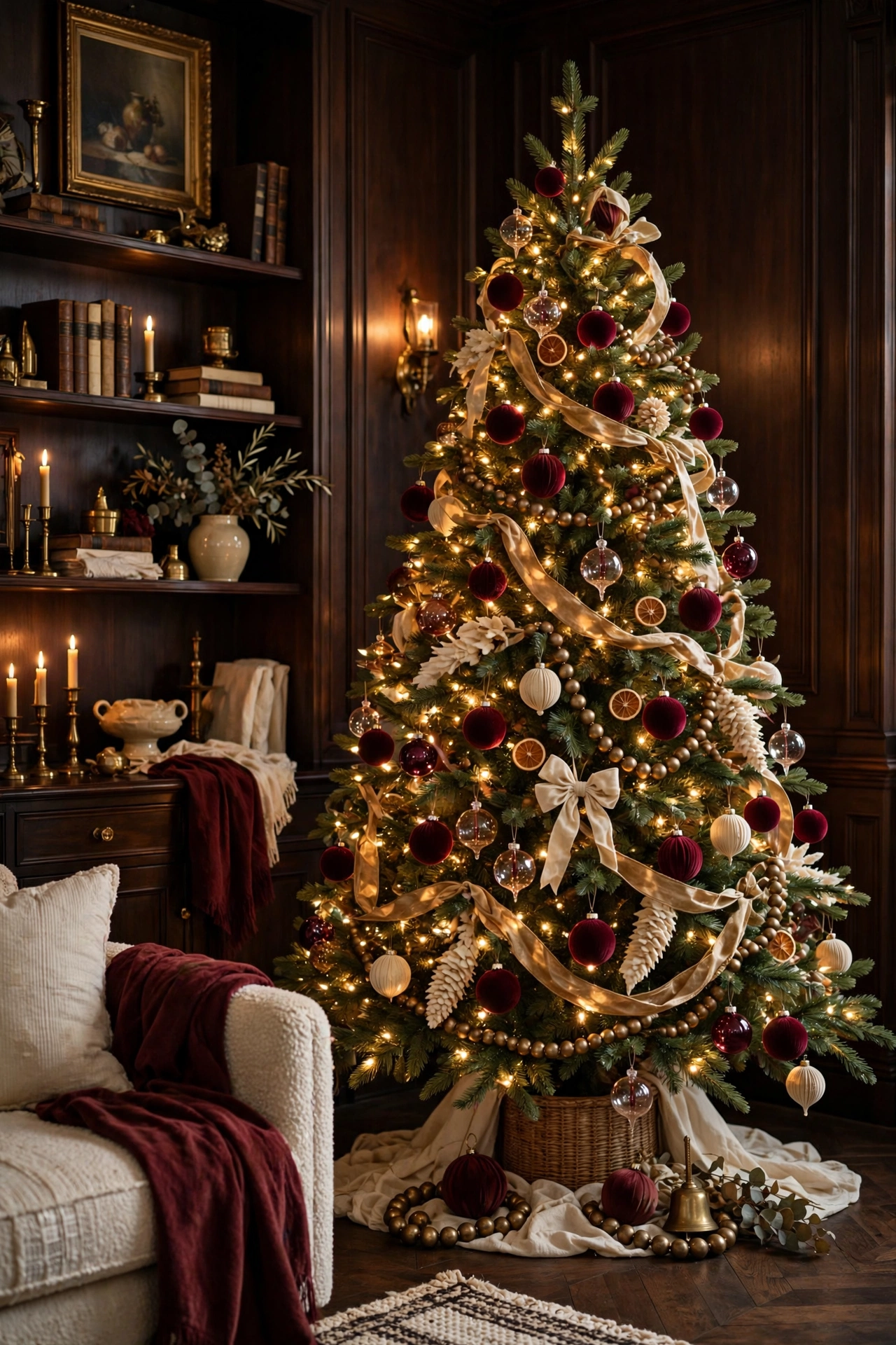 Burgundy and antique gold Christmas tree with rich ornaments