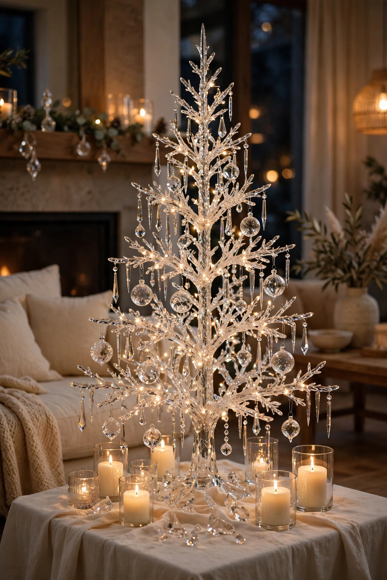 Candlelight and crystal Christmas tree with warm glow