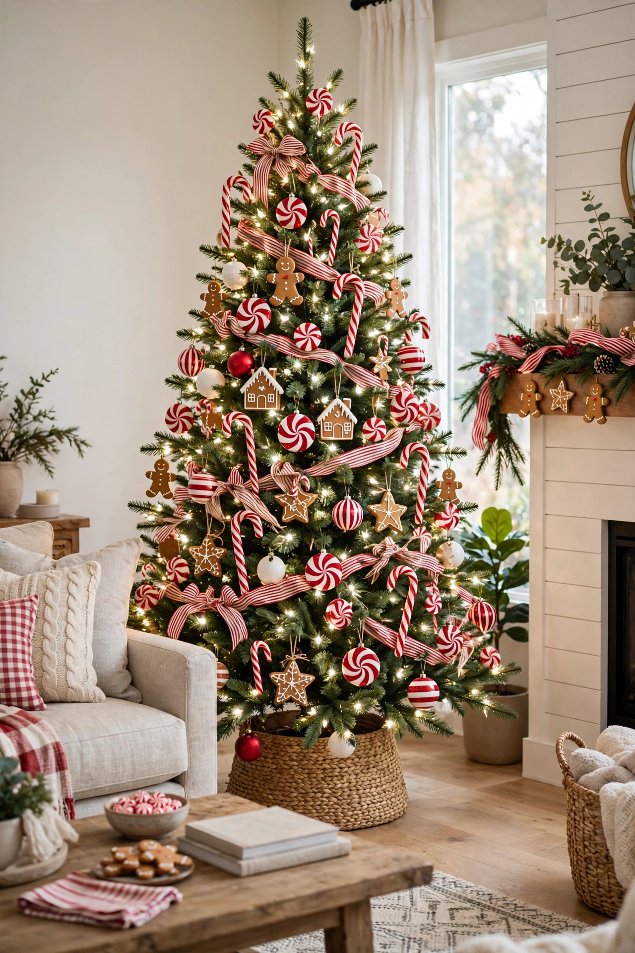 Candy cane Christmas tree with red and white ornaments