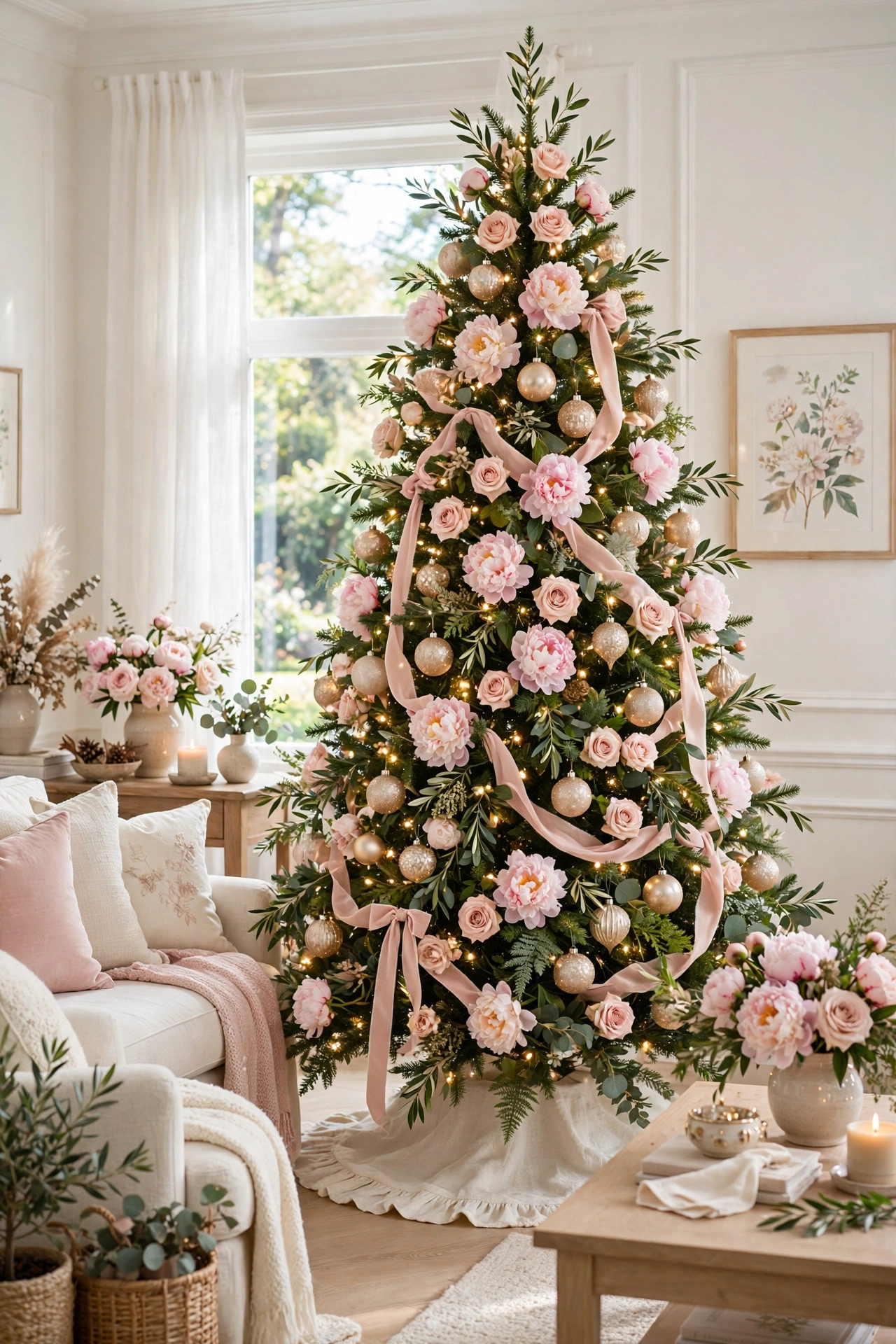 Champagne and blush garden Christmas tree with floral accents
