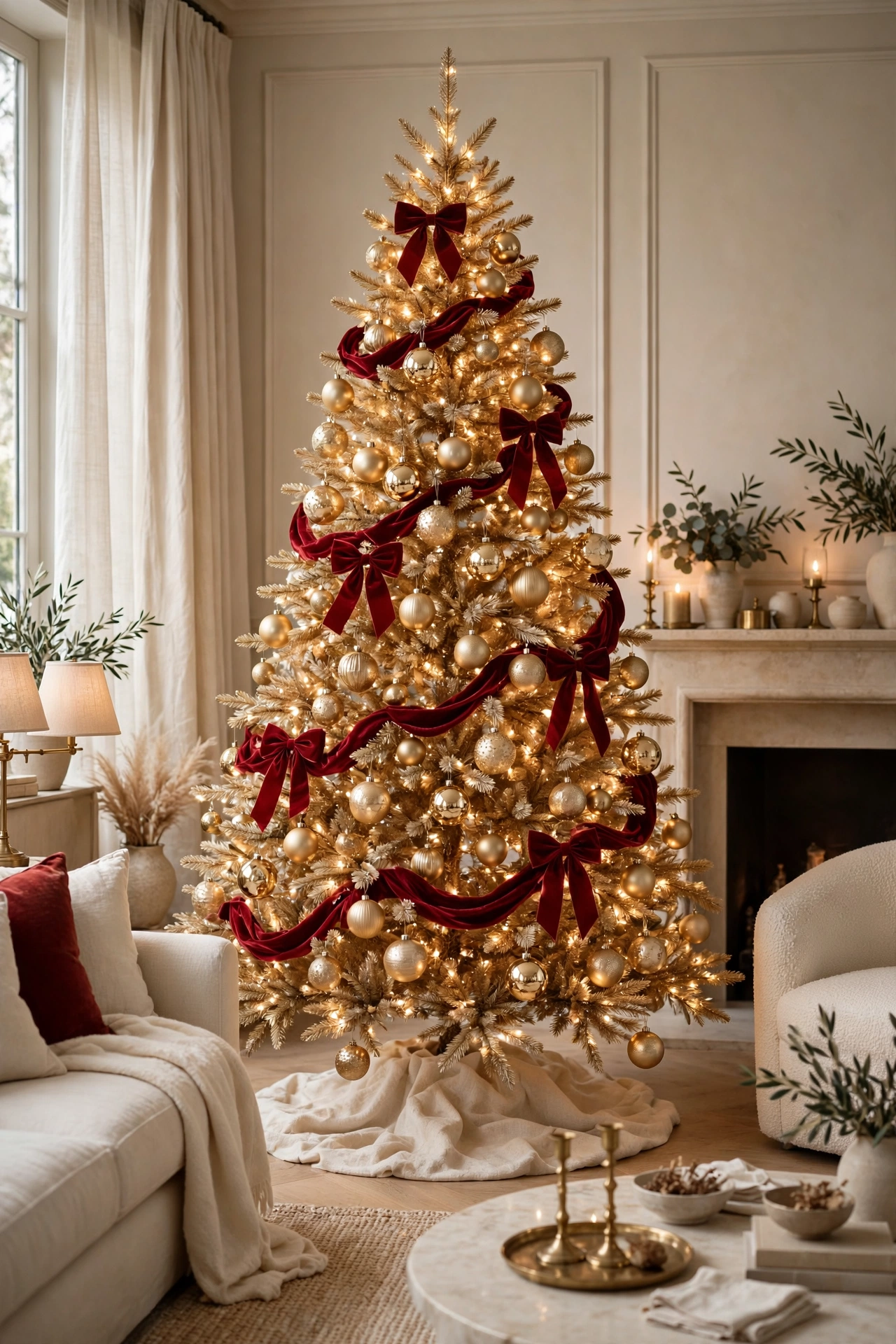 Champagne gold Christmas tree with deep red velvet ribbon