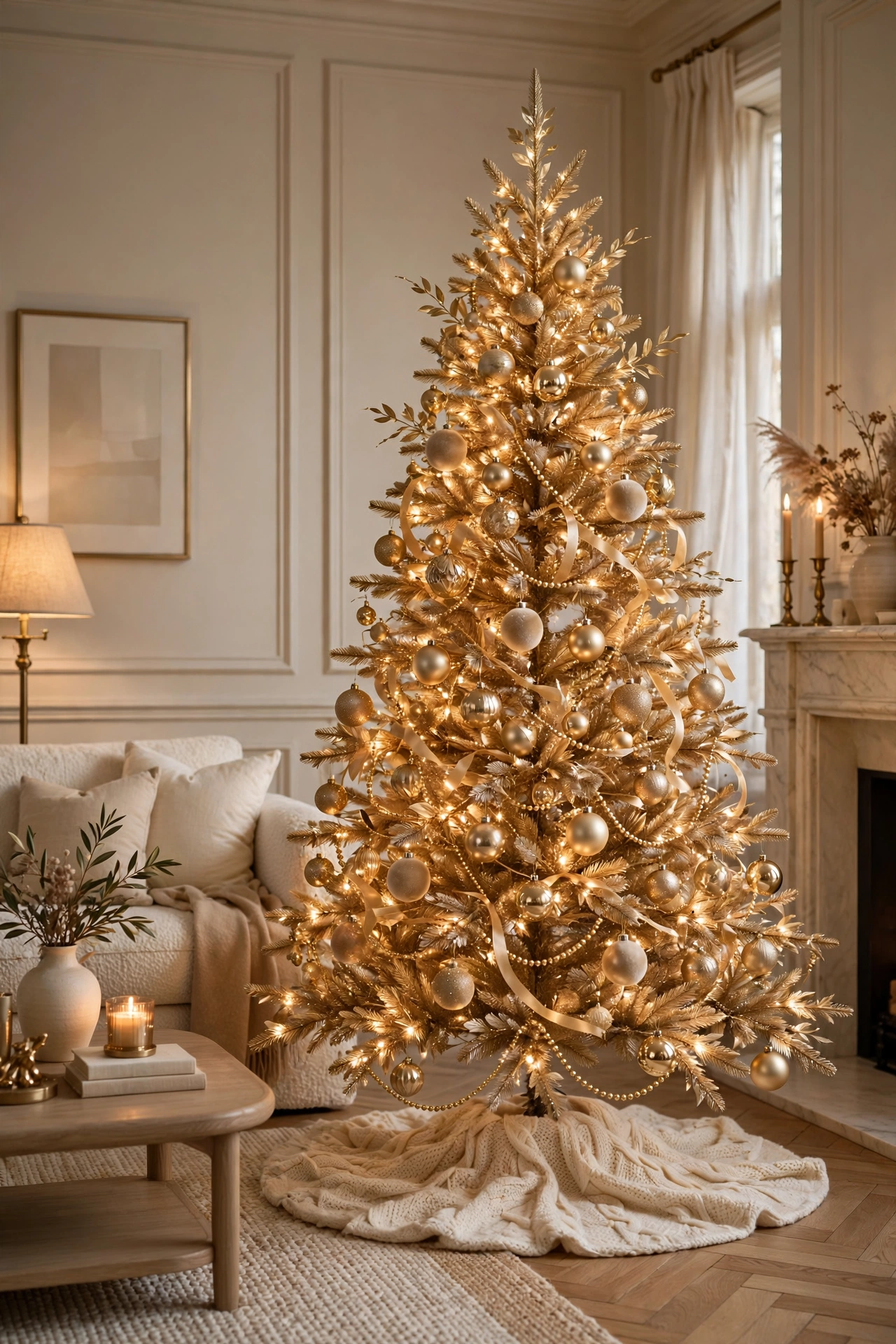 Champagne gold Christmas tree with elegant gold ornaments and warm lights