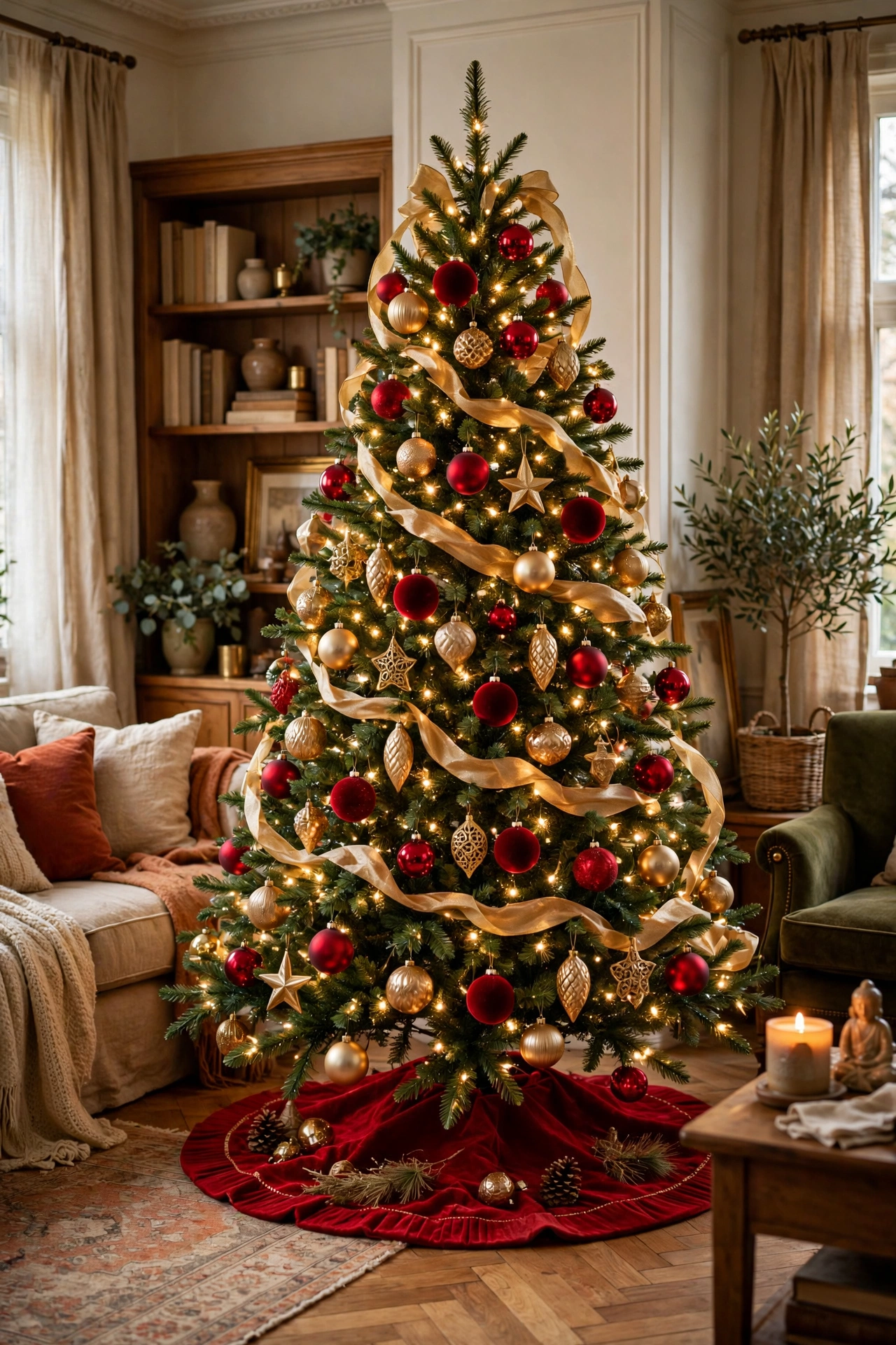 Classic red and gold traditional Christmas tree with warm lights