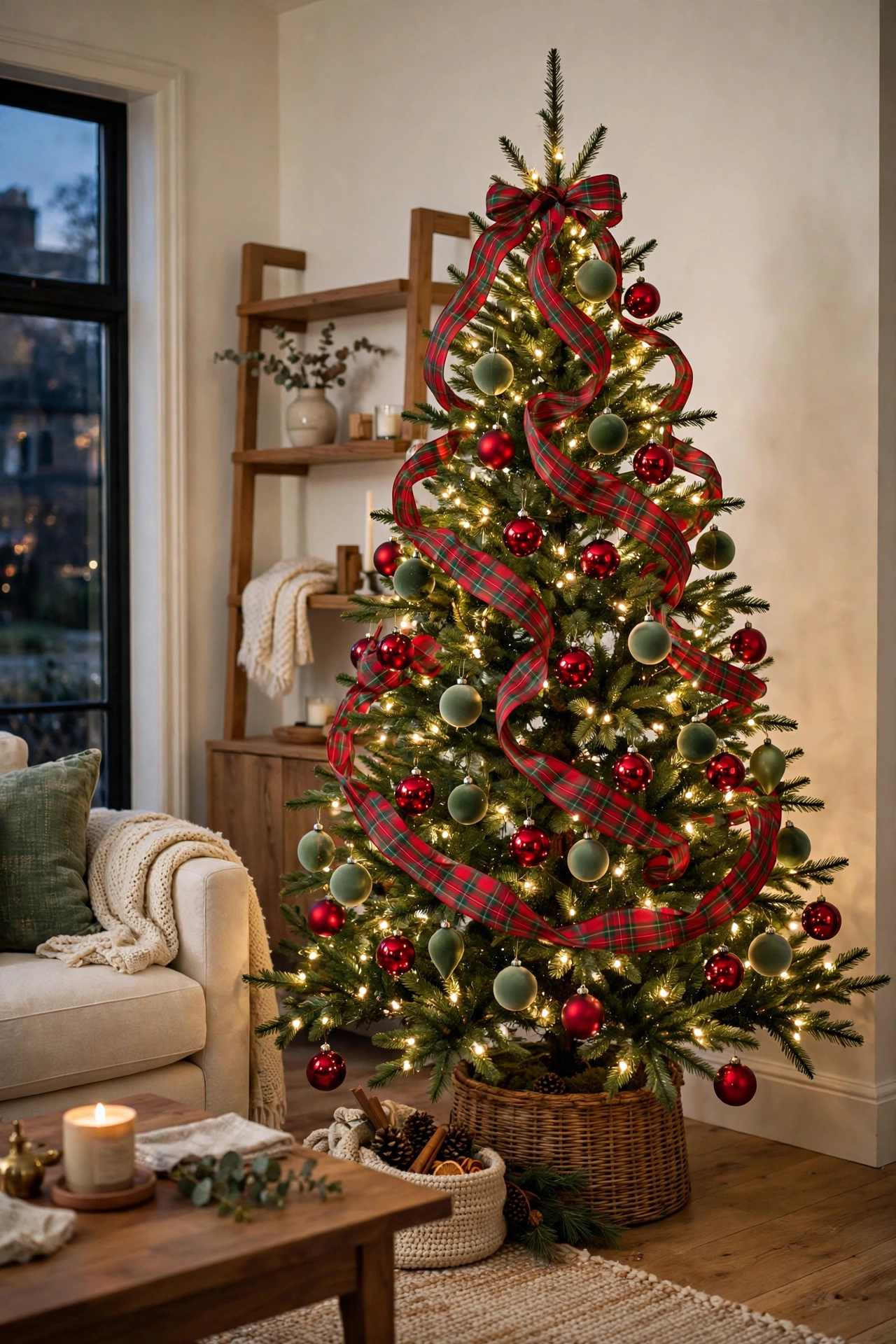 Classic red and green Christmas tree with plaid ribbon and warm white lights