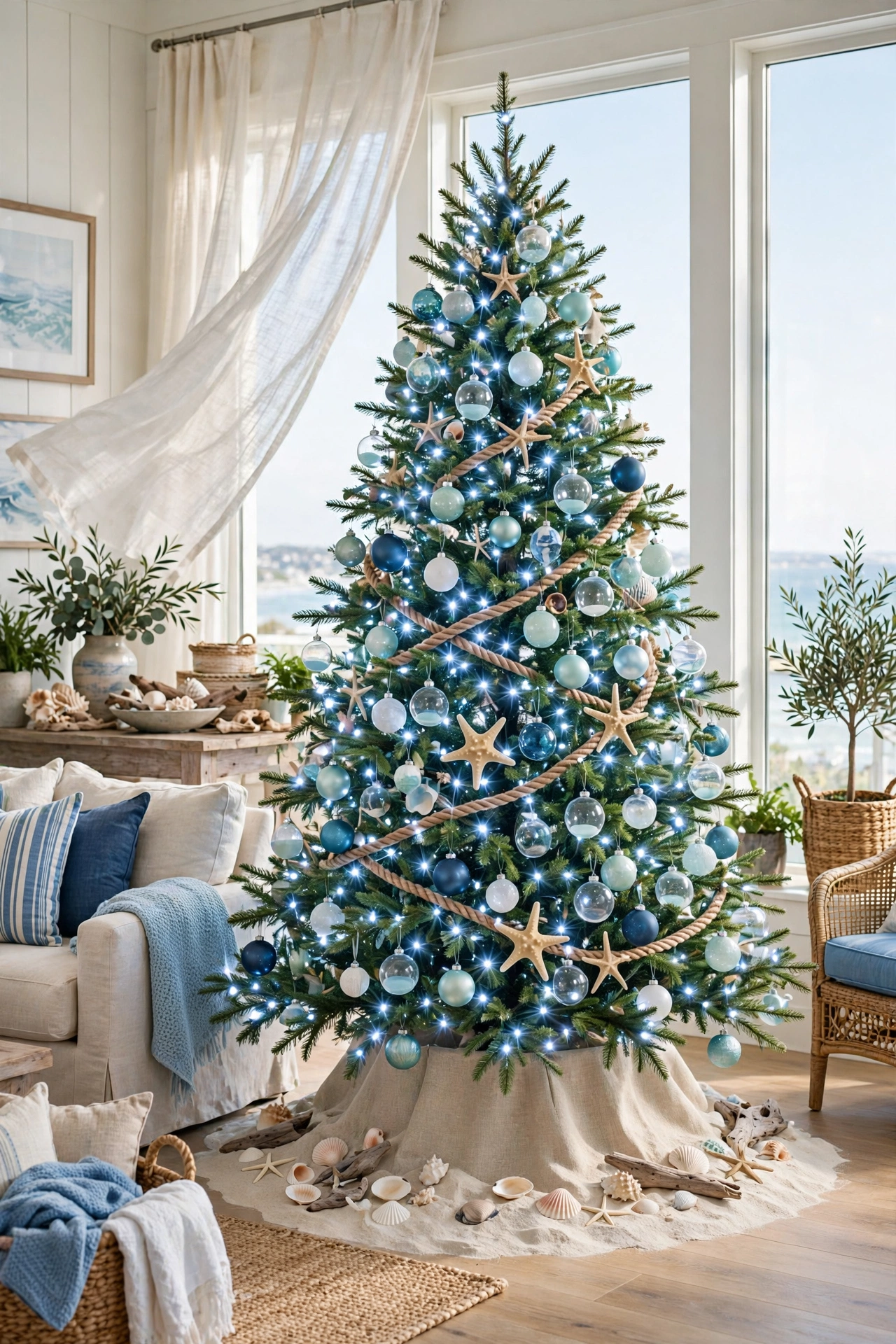 Coastal Christmas tree with blue and white ornaments and starfish