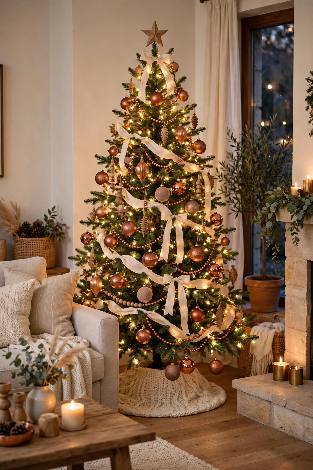 Copper and cream Christmas tree with warm ornaments