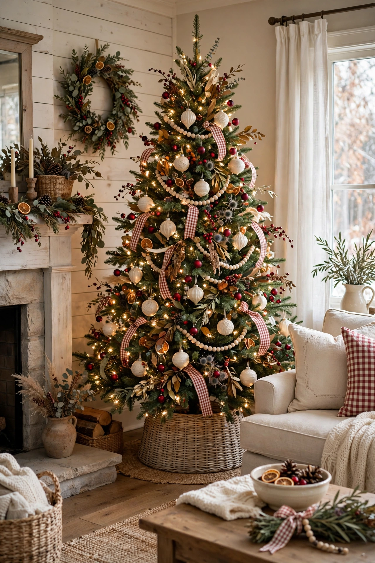 Cranberry and cream country Christmas tree with warm ornaments