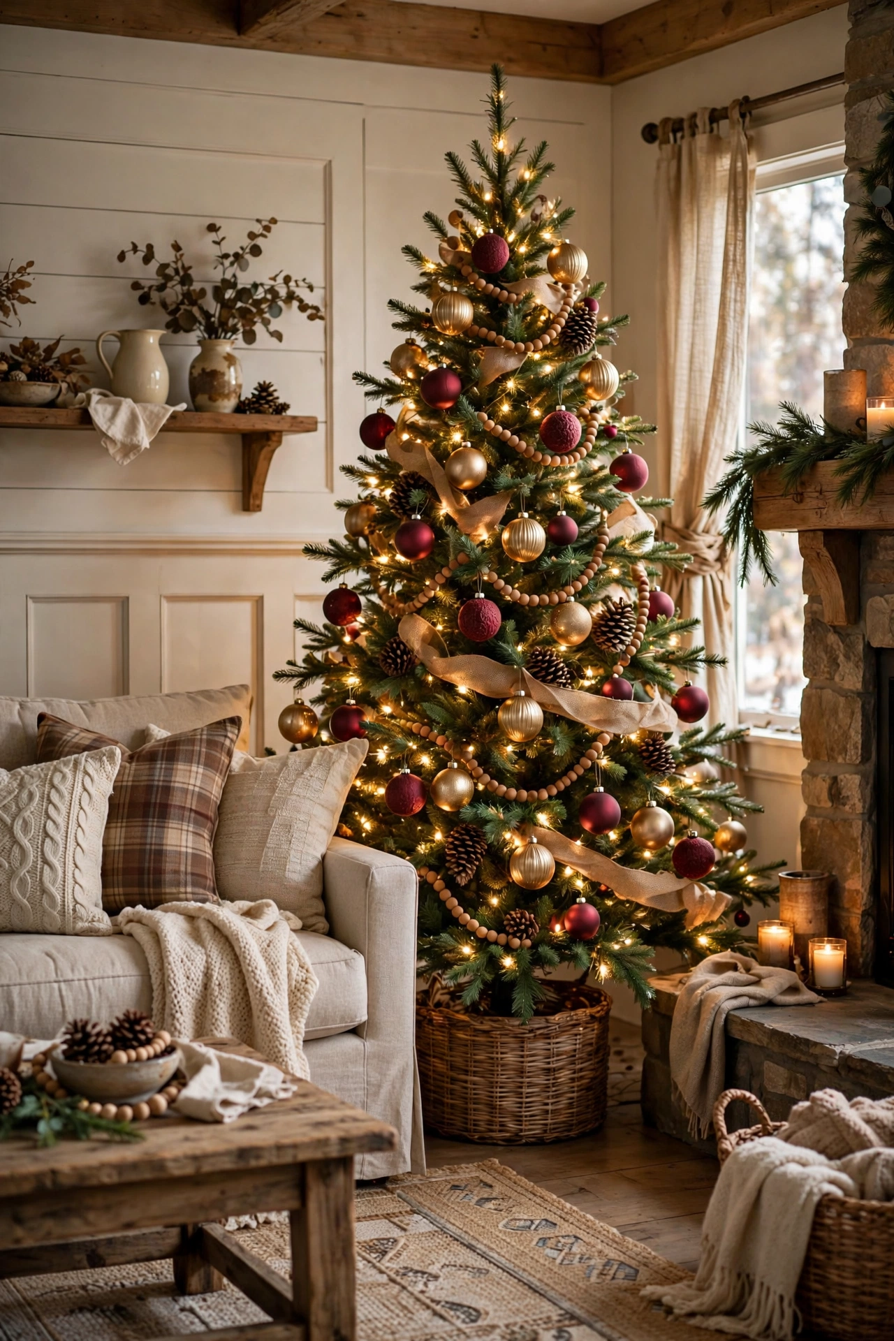 Cranberry red and brushed gold rustic Christmas tree